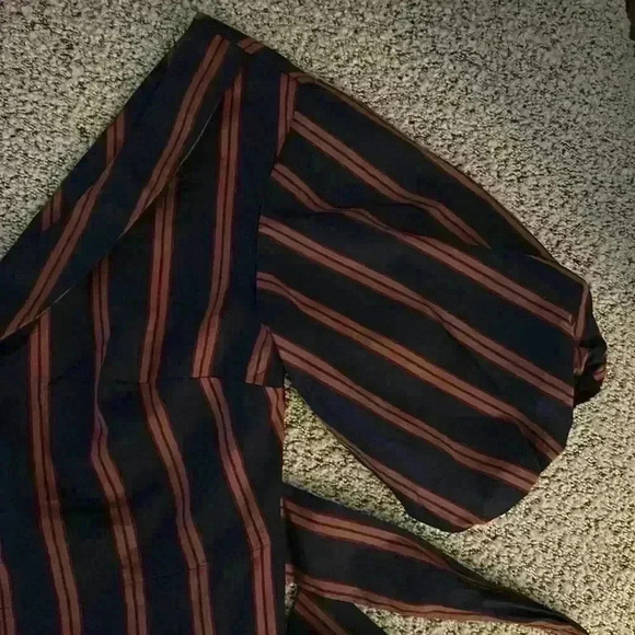 Topshop Women's Blue/Pink Stripe One Shoulder Puff Sleeve Top Size 8 Tie Waist - Picture 2 of 5